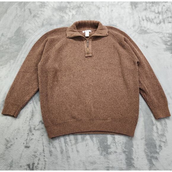 Geoffrey Beene Sweater Mens XXL Brown Chunky Cotton Knit 1/4 Zip Pullover Preppy - Picture 1 of 7